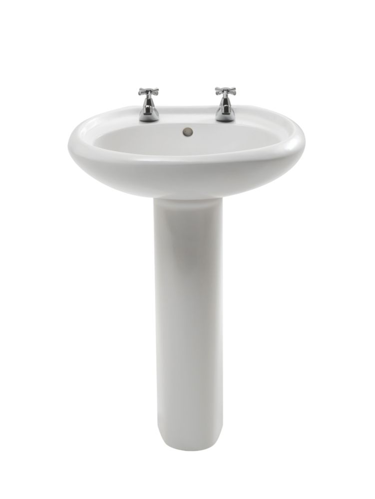 Image of Trade Basics Basin-To-Go Full Pedestal Bathroom Basin 2 Tap Holes 570mm 