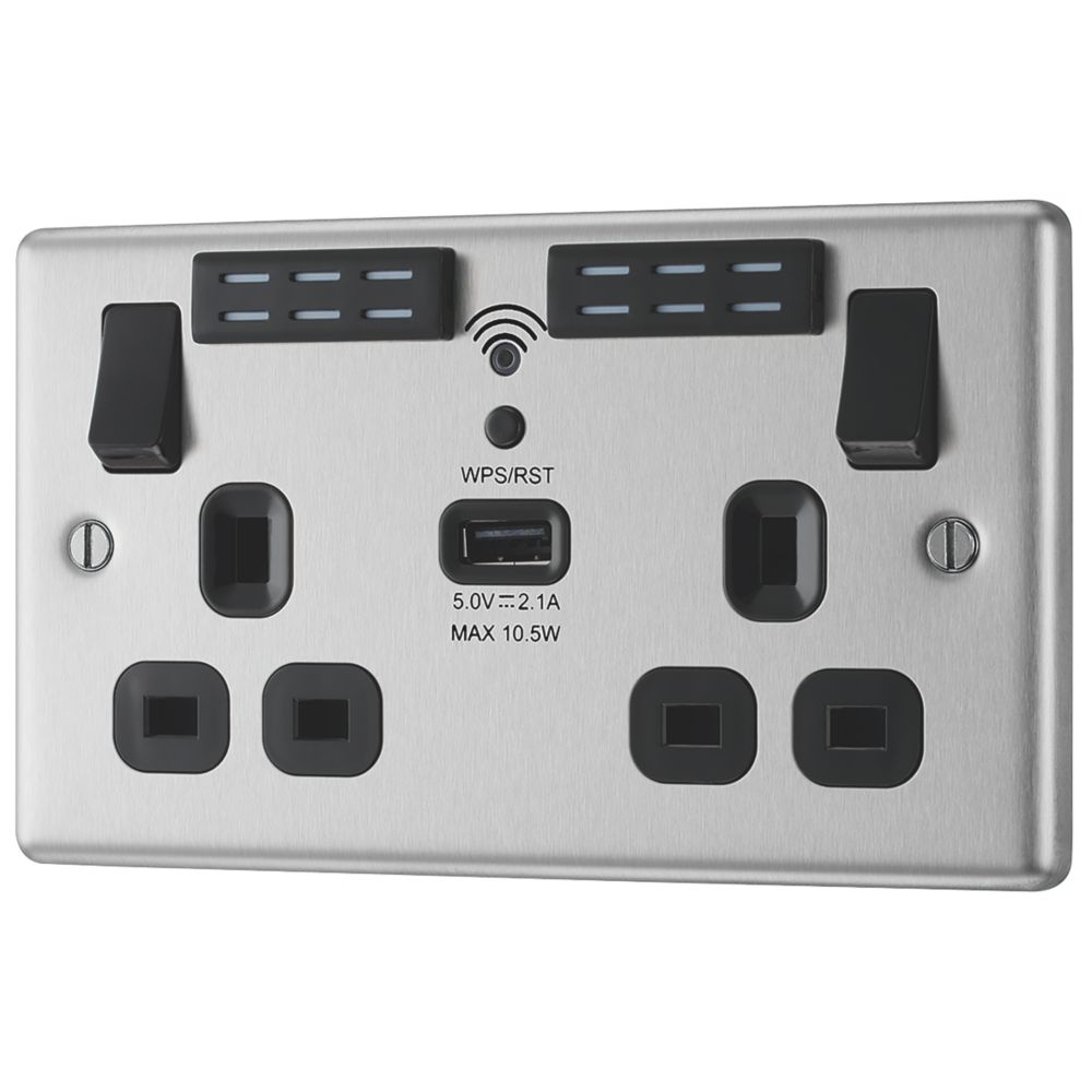 Image of LAP 13A 2-Gang SP Switched Wi-Fi Extender + 2.1A 1-Outlet Type A USB Charger Brushed Steel with Black Inserts 