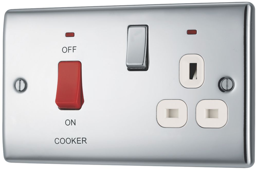 Image of British General Nexus Metal 45A 2-Gang DP Cooker Switch & 13A DP Switched Socket Polished Chrome with LED with White Inserts 