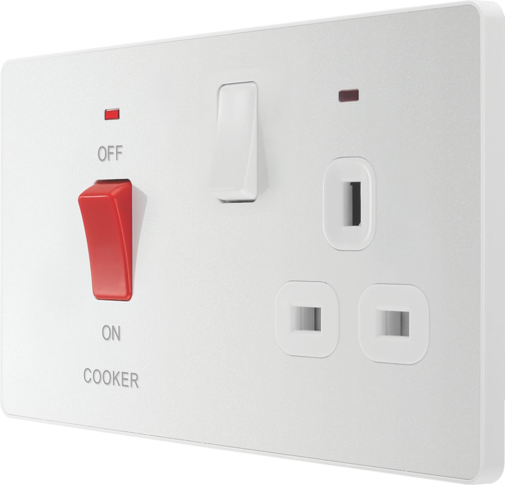 Image of British General Evolve 45A 2-Gang 2-Pole Cooker Switch & 13A DP Switched Socket Pearlescent White with LED with White Inserts 