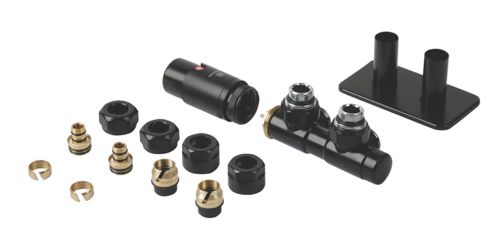 Image of Terma Twins All-in-One Integrated Black Angled Thermostatic TRV, Lockshield & Pipe Masking Set R/S 1/2" x 15mm 