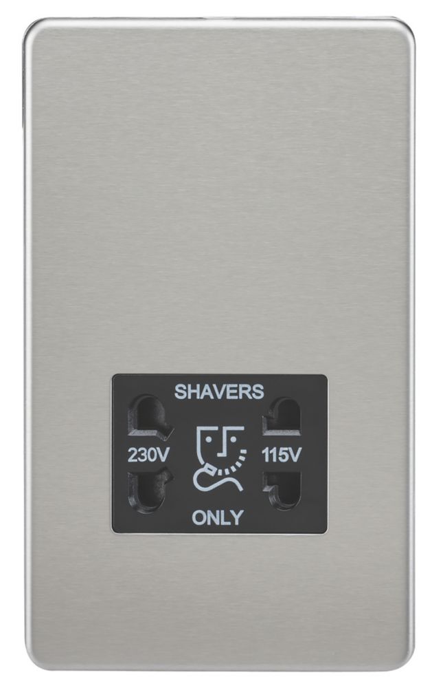 Image of Knightsbridge 2-Gang Dual Voltage Shaver Socket 115 V / 230V Brushed Chrome with Black Inserts 