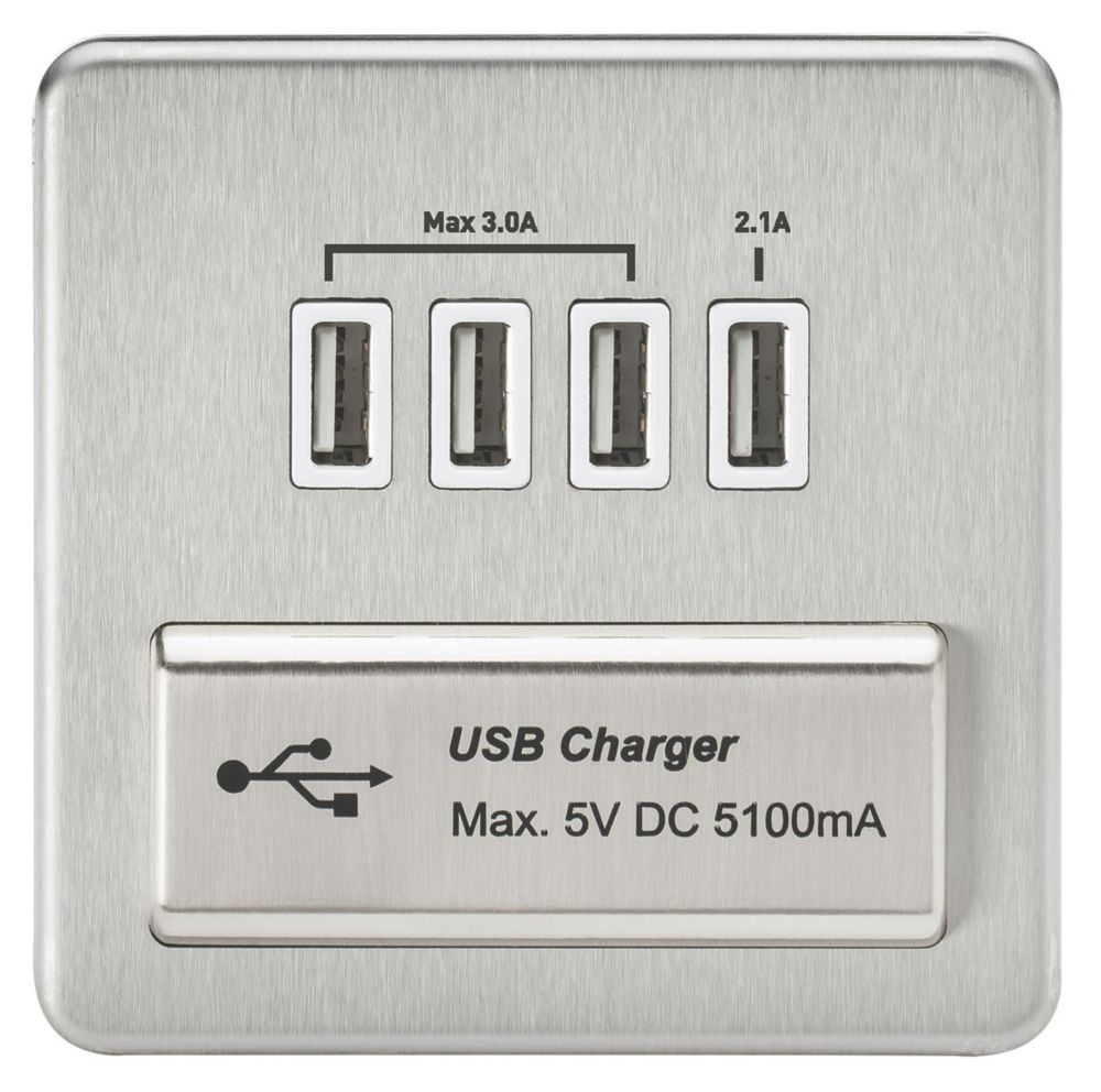 Image of Knightsbridge 5.1A 4-Outlet Type A USB Socket Brushed Chrome with White Inserts 