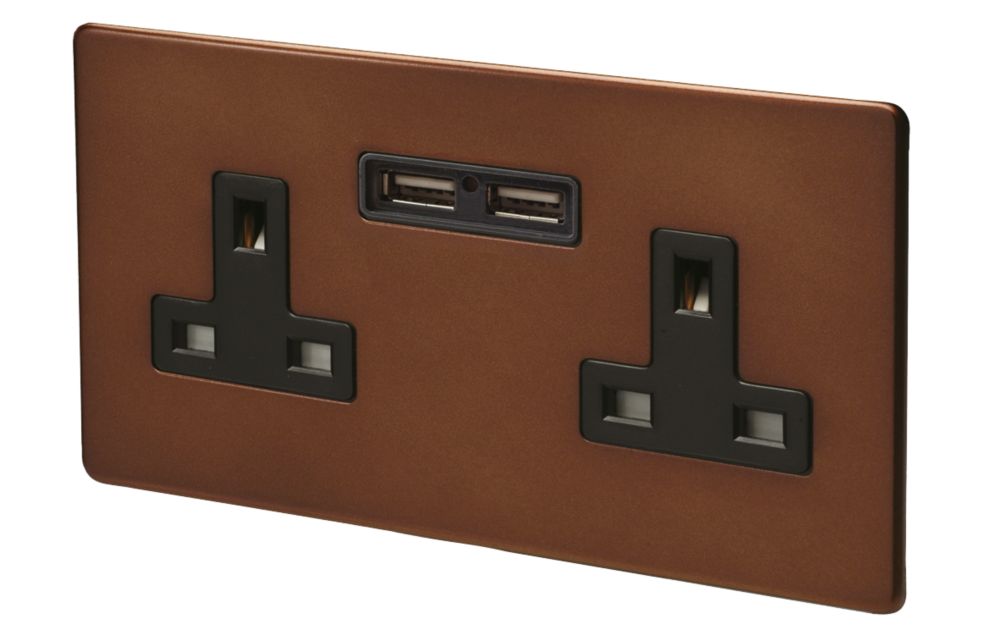 Image of Varilight 13AX 2-Gang Unswitched Socket + 2.1A 2-Outlet Type A USB Charger Mocha with Black Inserts 
