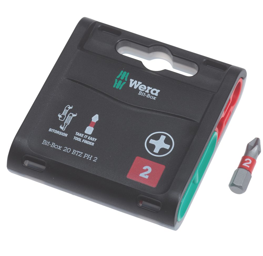 Image of Wera BiTorsion 851/1 1/4" 25mm Hex Shank PH2 Extra-Tough Bits 20 Pack 