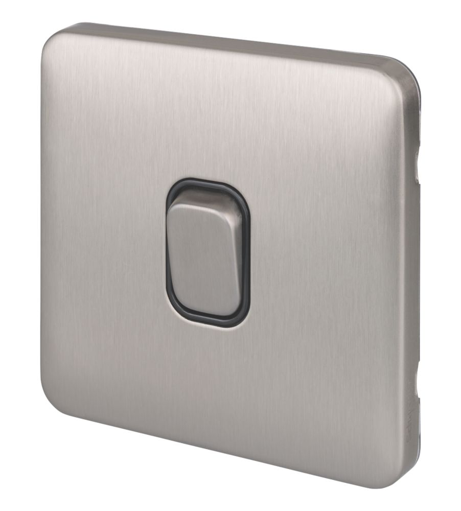Image of Schneider Electric Lisse Deco 10AX 1-Gang 2-Way Light Switch Brushed Stainless Steel with Black Inserts 