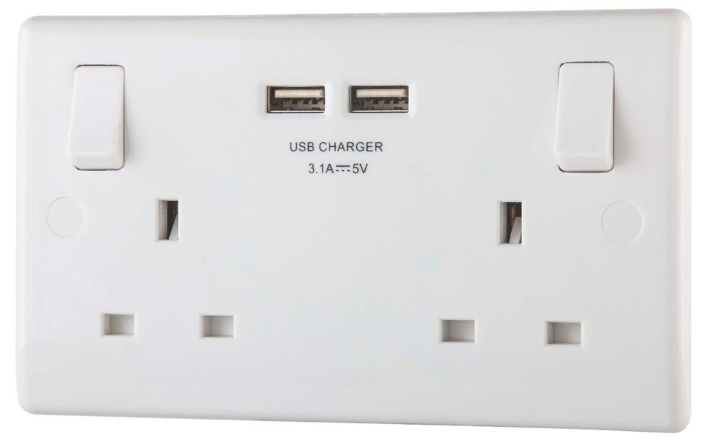 Image of British General 800 Series 13A 2-Gang SP Switched Socket + 3.1A 2-Outlet Type A USB Charger White 