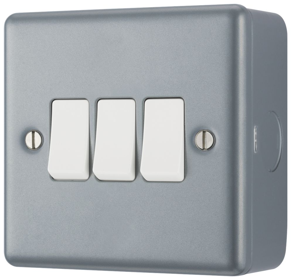 Image of British General 10AX 3-Gang 2-Way Metal Clad Triple Light Switch with White Inserts 