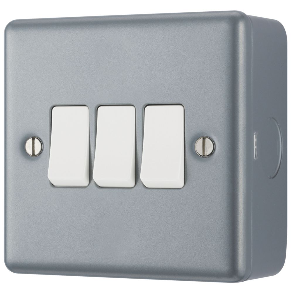 Image of British General 10AX 3-Gang 2-Way Metal Clad Triple Light Switch with White Inserts 