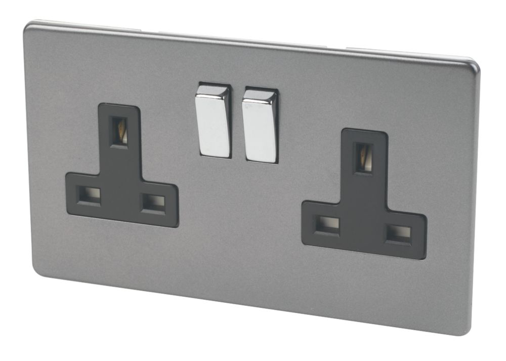 Image of Varilight 13AX 2-Gang DP Switched Plug Socket Slate Grey with Black Inserts 