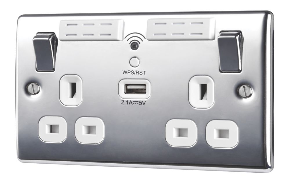 Image of British General Nexus Metal 13A 2-Gang SP Switched Wi-Fi Extender Socket + 2.1A 1-Outlet Type A USB Charger Polished Chrome with White Inserts 