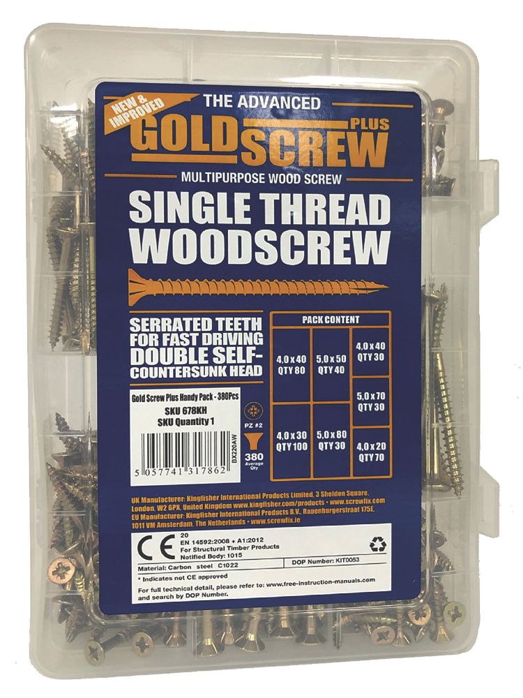 Image of Goldscrew Plus PZ Double-Countersunk Single-Thread Multipurpose Trade Pack 380 Pieces 