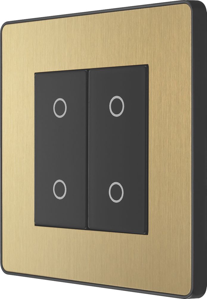 Image of British General Evolve 2-Gang 2-Way LED Double Master Touch Trailing Edge Dimmer Switch Satin Brass with Black Inserts 