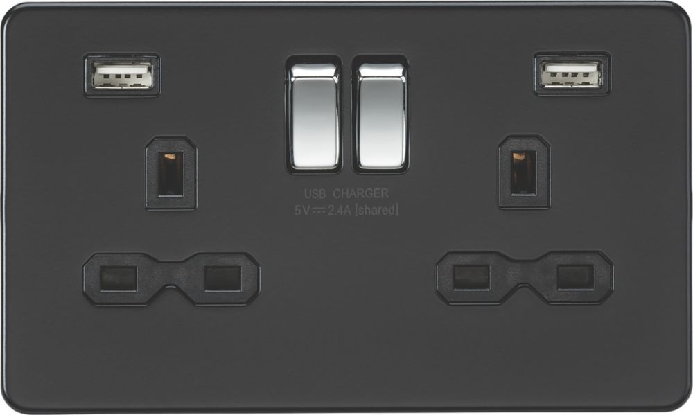 Image of Knightsbridge 13A 2-Gang SP Switched Socket + 2.4A 2-Outlet Type A USB Charger Matt Black with Black Inserts 
