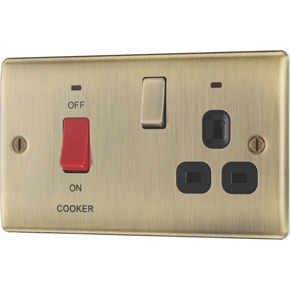 Image of British General Nexus Metal 45A 2-Gang DP Cooker Switch & 13A DP Switched Socket Antique Brass with LED with Black Inserts 