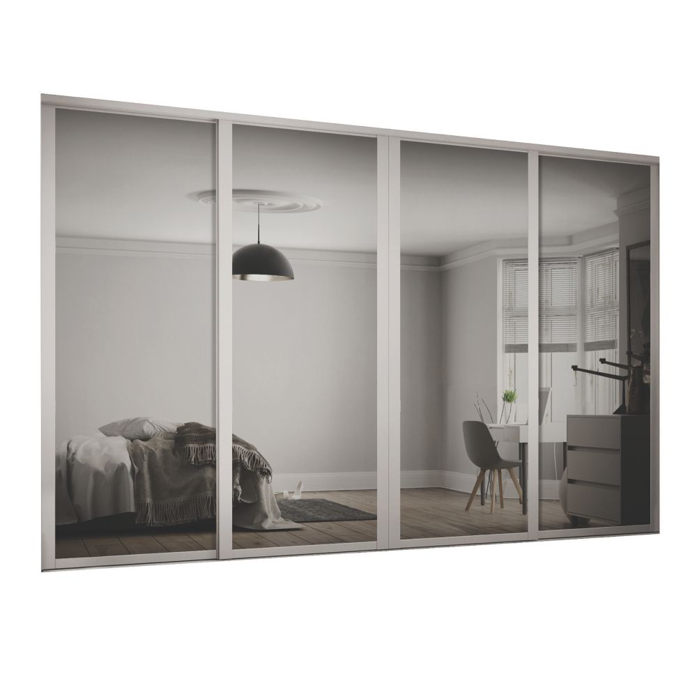 Image of Spacepro Shaker 4-Door Sliding Wardrobe Door Kit Cashmere Frame Mirror Panel 2290mm x 2260mm 