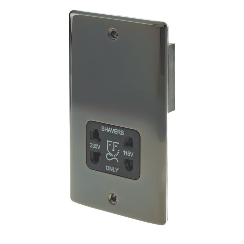 Image of British General Nexus Metal 2-Gang Dual Voltage Shaver Socket 115 / 240V Black Nickel with Black Inserts 