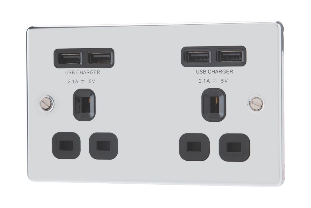 Image of LAP 13A 2-Gang Unswitched Socket + 4.2A 4-Outlet Type A USB Charger Polished Chrome with Black Inserts 