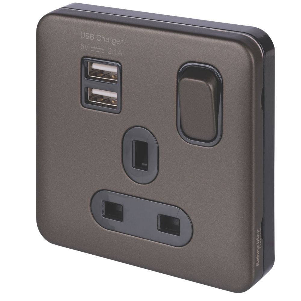 Image of Schneider Electric Lisse Deco 13A 1-Gang SP Switched Socket + 2.1A 2-Outlet Type A USB Charger Mocha Bronze with Black Inserts 