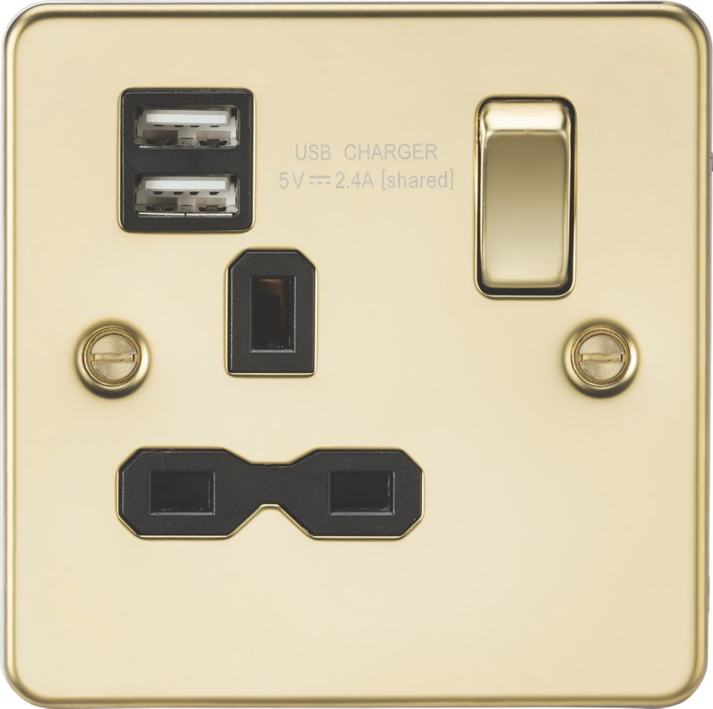 Image of Knightsbridge 13A 1-Gang SP Switched Socket + 2.4A 2-Outlet Type A USB Charger Polished Brass with Black Inserts 