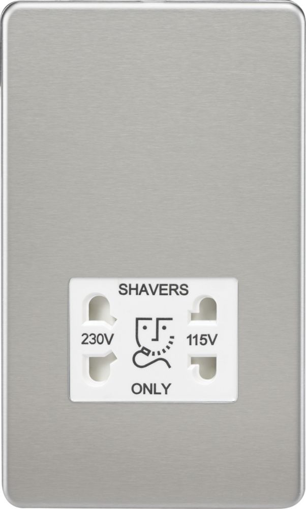 Image of Knightsbridge 2-Gang Dual Voltage Shaver Socket 115 V / 230V Brushed Chrome with White Inserts 