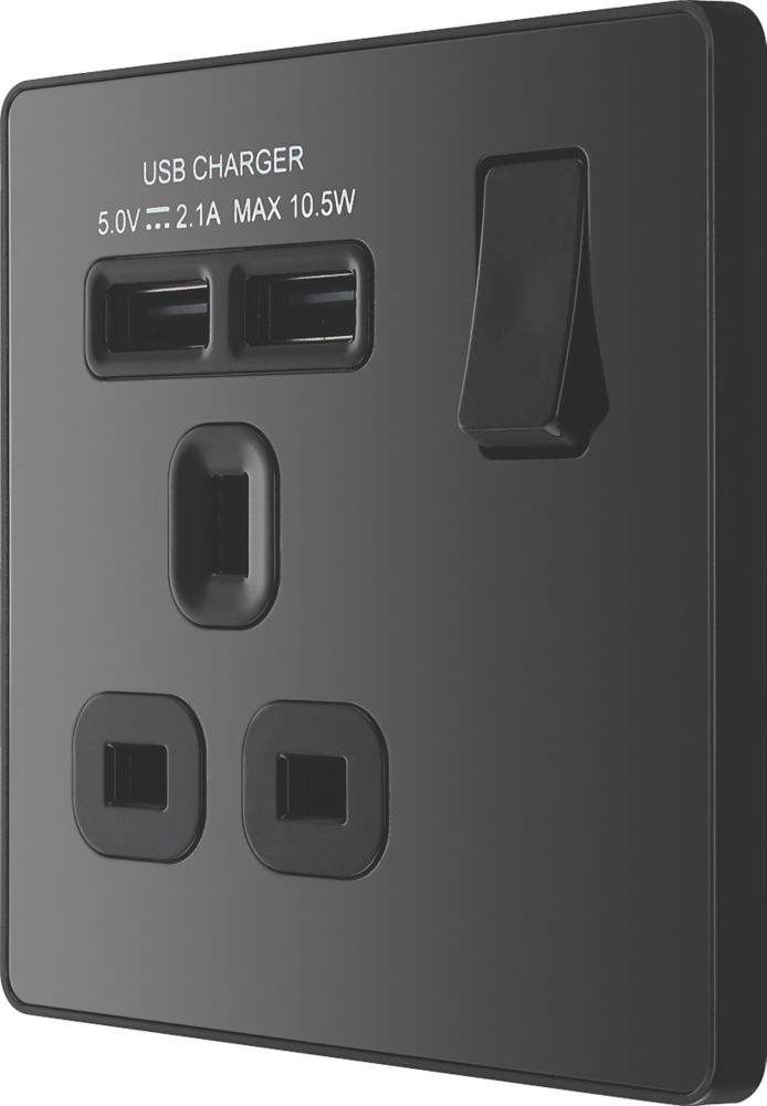 Image of British General Evolve 13A 1-Gang SP Switched Socket + 2.1A 2-Outlet Type A USB Charger Black with Black Inserts 