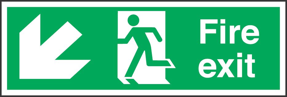 Image of Non Photoluminescent "Fire Exit" Down Left Arrow Signs 150mm x 450mm 50 Pack 