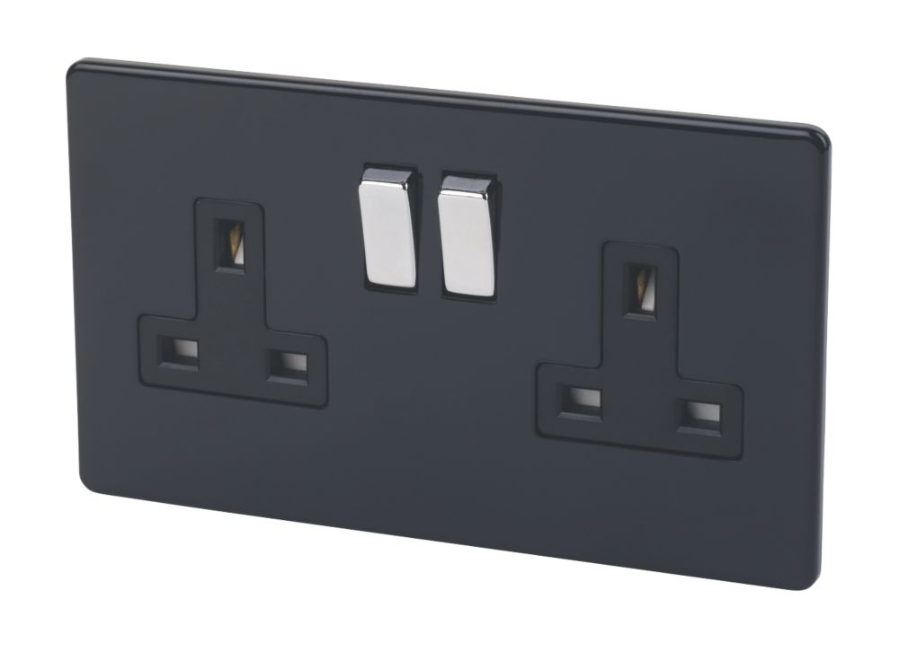 Image of Varilight 13AX 2-Gang DP Switched Plug Socket Jet Black with Black Inserts 