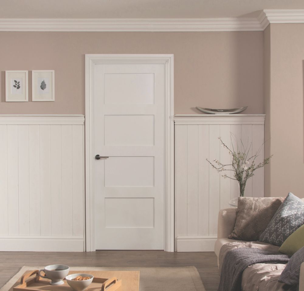 Image of Jeld-Wen Primed White Wooden 4-Panel Shaker Internal Door 1981mm x 762mm 