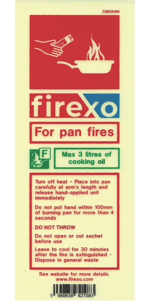 Image of Firexo Photoluminescent Luminescent Pan Fire Extinguisher Sachet Sign 200mm x 80mm 