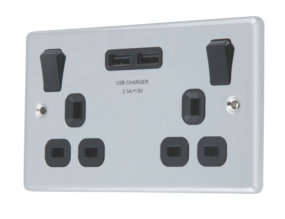 Image of LAP 13A 2-Gang SP Switched Socket + 3.1A 2-Outlet Type A USB Charger Polished Chrome with Black Inserts 