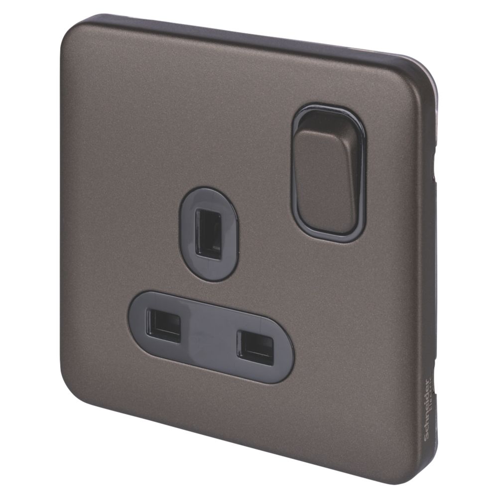 Image of Schneider Electric Lisse Deco 13A 1-Gang SP Switched Plug Socket Mocha Bronze with Black Inserts 