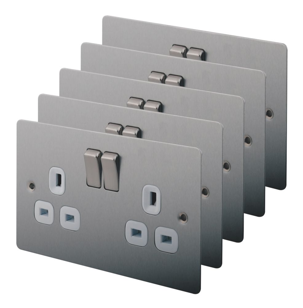Image of LAP 13A 2-Gang DP Switched Plug Socket Brushed Stainless Steel with White Inserts 5 Pack 