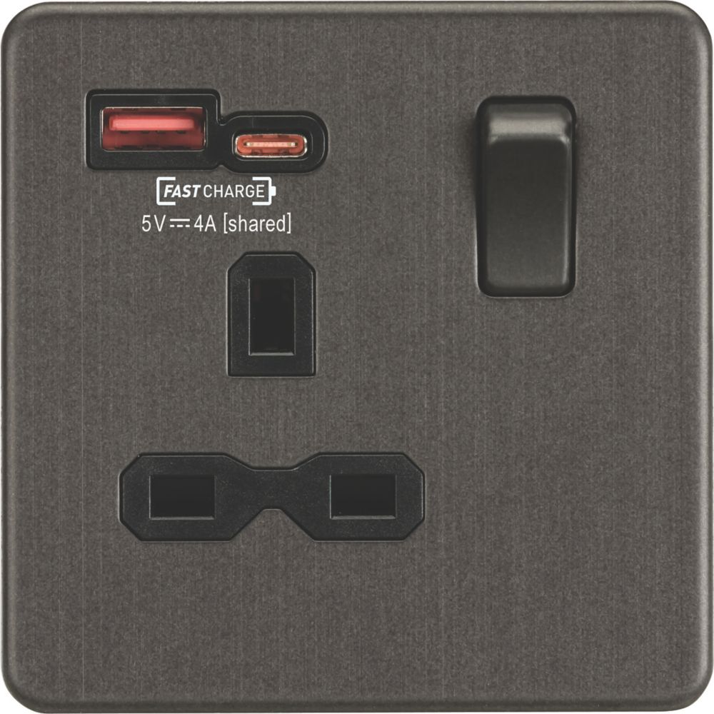 Image of Knightsbridge 13A 1-Gang SP Switched Socket + 4.0A 2-Outlet Type A & C USB Charger Smoked Bronze with Black Inserts 