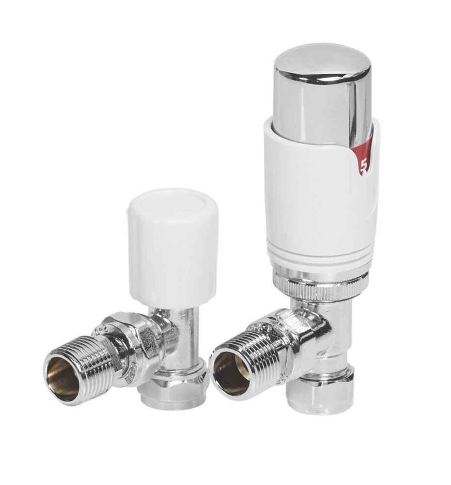 Image of Towelrads White Angled Thermostatic TRV & Lockshield 15mm x 1/2" 