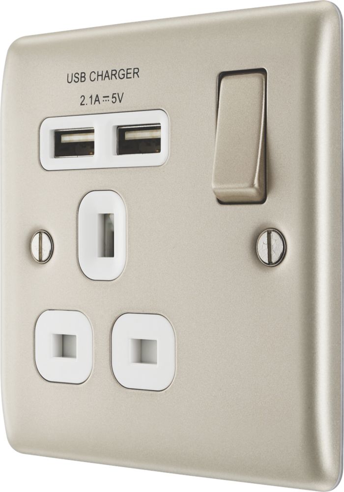 Image of British General Nexus Metal 13A 1-Gang SP Switched Socket + 2.1A 2-Outlet Type A USB Charger Pearl Nickel with White Inserts 