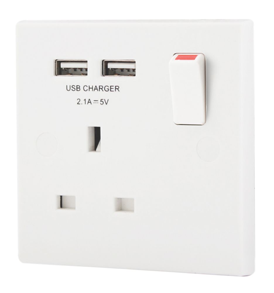 Image of British General 900 Series 13A 1-Gang SP Switched Socket + 2.1A 2-Outlet Type A USB Charger White 