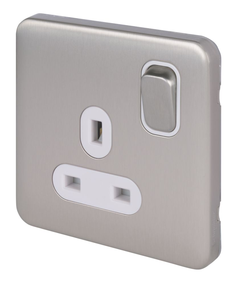 Image of Schneider Electric Lisse Deco 13A 1-Gang DP Switched Plug Socket Brushed Stainless Steel with White Inserts 