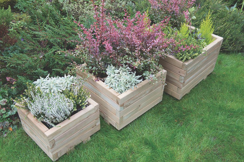 Image of Forest Kendal Square Planter Set Natural Wood 500mm x 500mm x 330mm 3 Pieces 