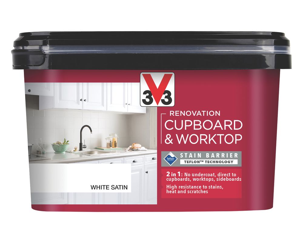 Image of V33 Renovation Cupboard & Worktop Paint Satin White 2Ltr 