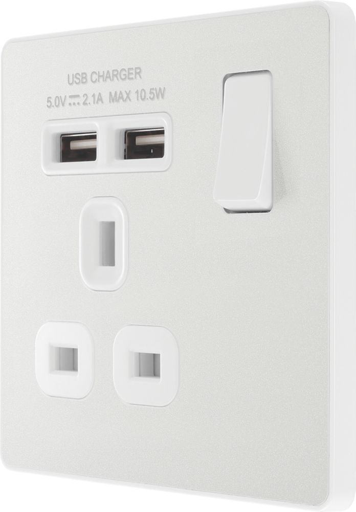 Image of British General Evolve 13A 1-Gang SP Switched Socket + 2.1A 2-Outlet Type A USB Charger Pearlescent White with White Inserts 