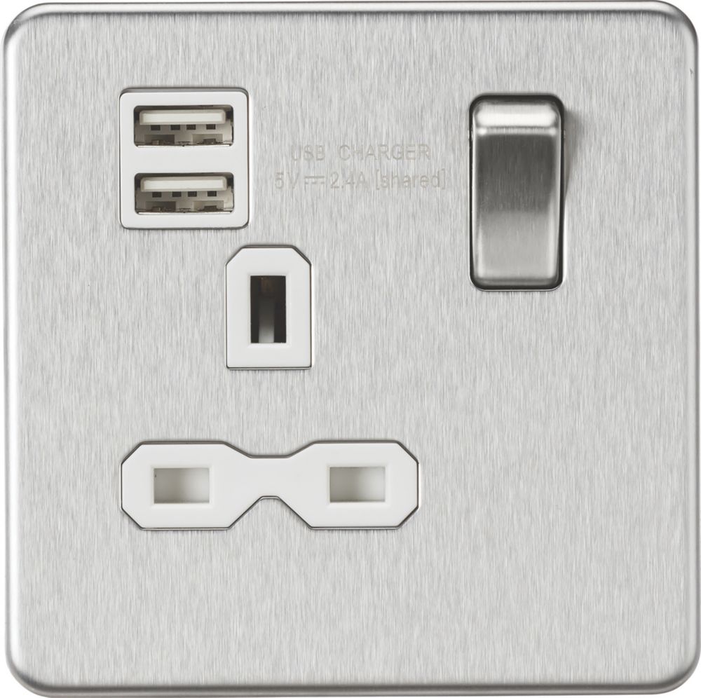 Image of Knightsbridge 13A 1-Gang SP Switched Socket + 2.4A 2-Outlet Type A USB Charger Brushed Chrome with White Inserts 