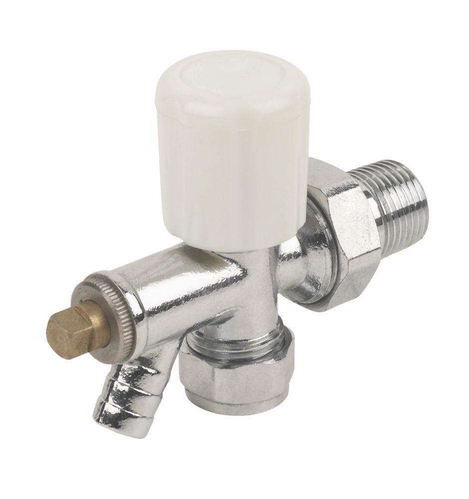Image of White Angled Manual Radiator Valve With Drain-Off 15mm x 1/2" 