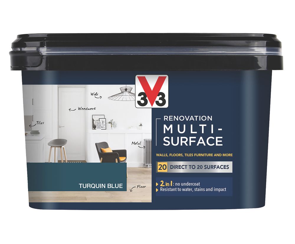 Image of V33 Satin Turquin Blue Acrylic Renovation Multi-Surface Paint 2Ltr 