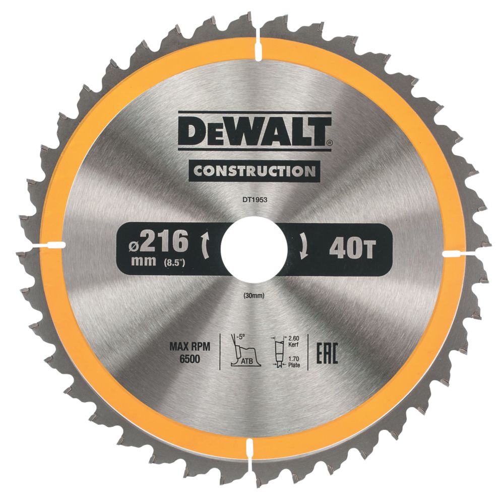 Image of DeWalt Wood/Nails TCT Circular Saw Blade 216mm x 30mm 40T 