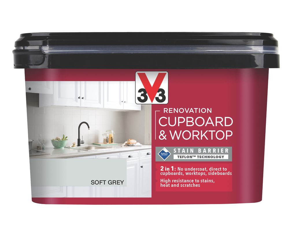 Image of V33 Renovation Cupboard & Worktop Paint Satin Soft Grey 2Ltr 