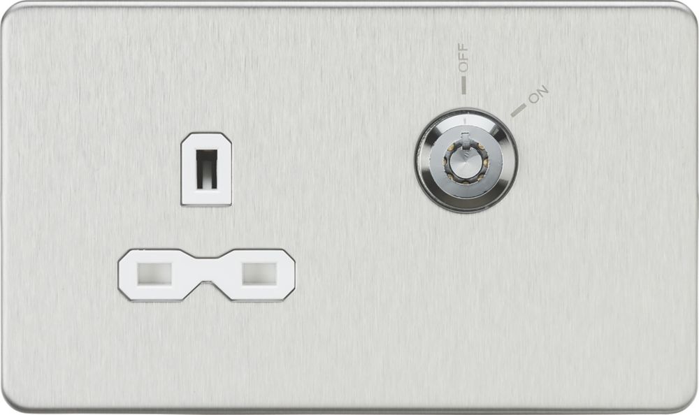 Image of Knightsbridge 13A Key Switch 1-Gang DP Switched Socket Brushed Chrome with White Inserts 