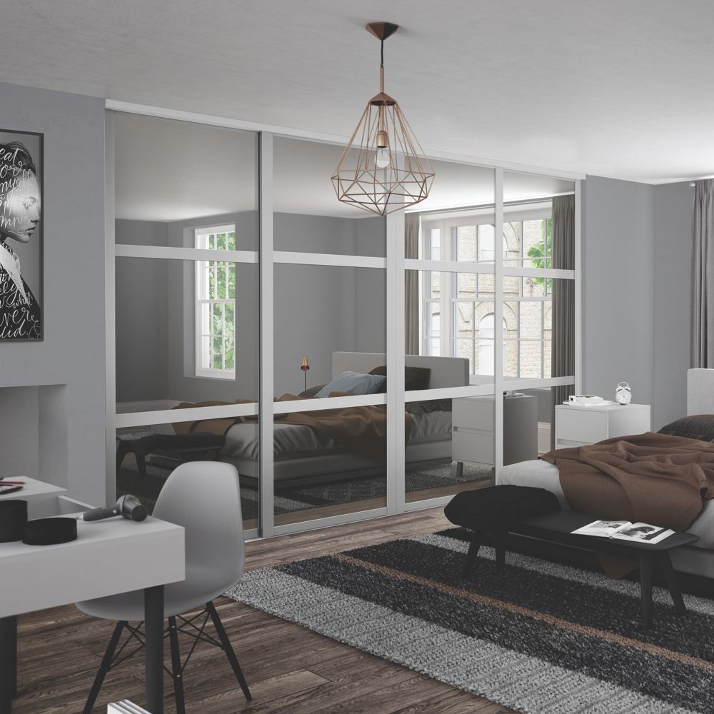 Image of Spacepro Shaker 3-Door Sliding Wardrobe Door Kit Graphite Frame Mirror Panel 2978mm x 2260mm 