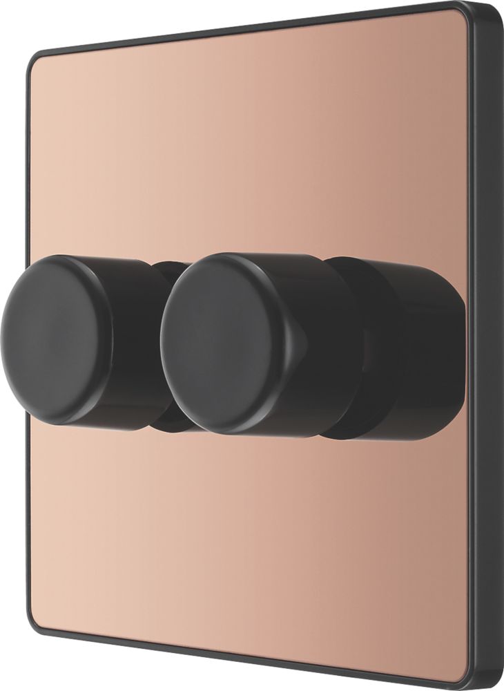 Image of British General Evolve 2-Gang 2-Way LED Trailing Edge Double Push Dimmer with Rotary Control Copper with Black Inserts 