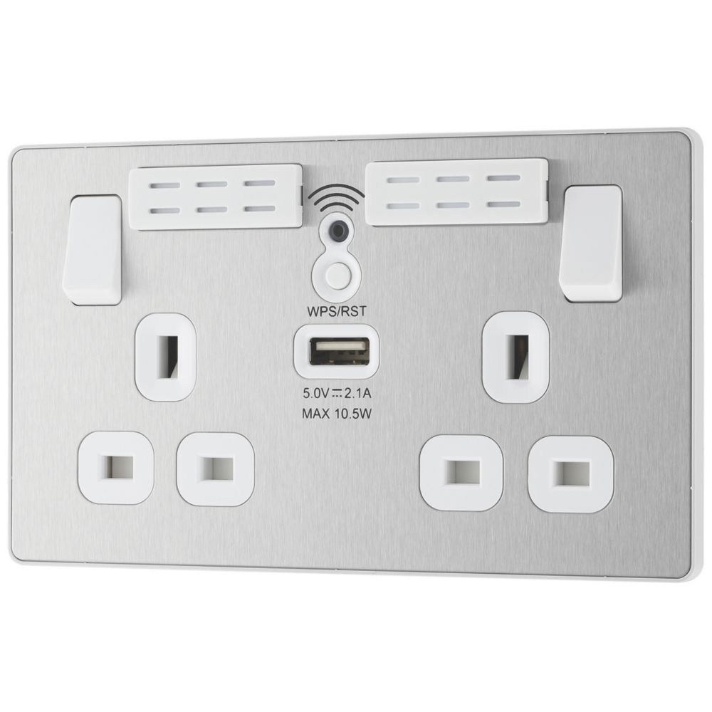 Image of British General Evolve 13A 2-Gang SP Switched Double Socket With WiFi Extender + 2.1A 1-Outlet Type A USB Charger Brushed Steel with White Inserts 